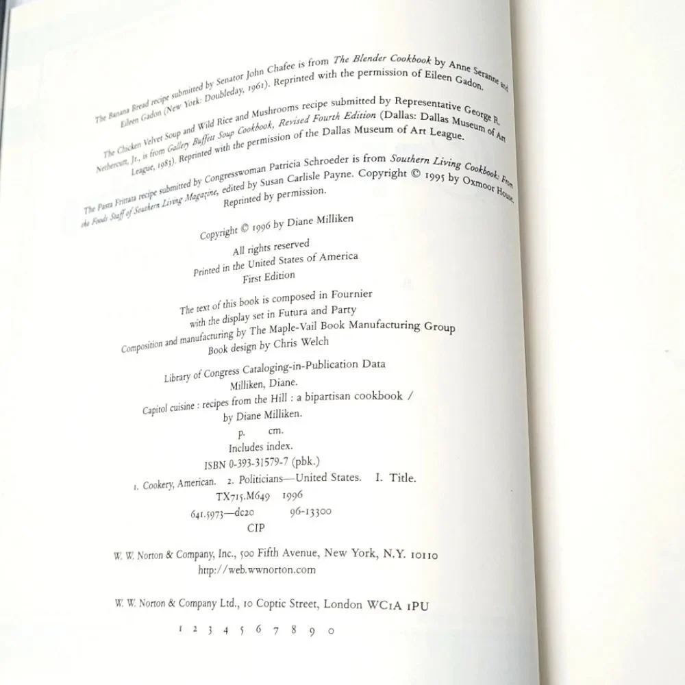 VTNG Capitol Cuisine Bipartisan Cookbook Recipes From The Hill 1996 Softcover
